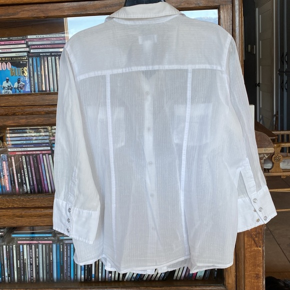 LIZ CLAIBORNE Pearl Snap-Closure Sheer 3/4 Sleeve White Cotton Shirt Large - Picture 6 of 11